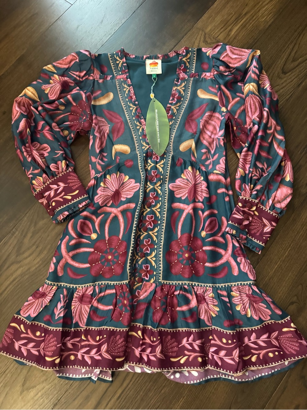 FARM Rio Teal Dress with Pink and Maroon Floral Print